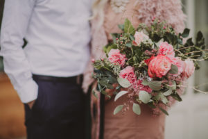 Bridal couple with flower bouquet, detail, Bridal couple with flower bouquet, detail,